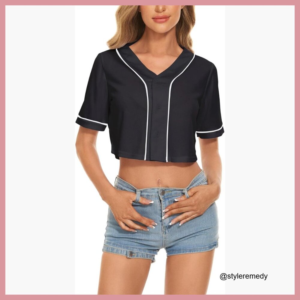Polyester Baseball Jersey Button Down Crop Top V-… - image 1